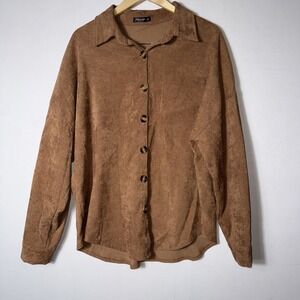 Shein Curve Women's 2XL Corduroy Shirt Top Button Up Front Pocket Collared Brown